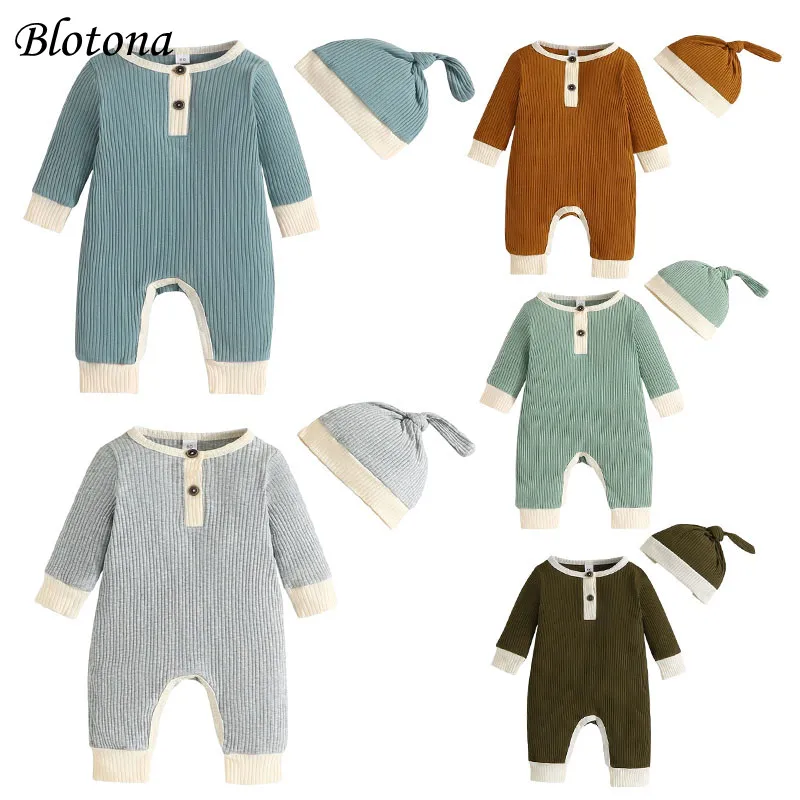 

Blotona Baby Girls Boys Rompers Patchwork Crew Neck Long Sleeve Jumpsuits Toddler Fall Bodysuits with Hat 0-18Months