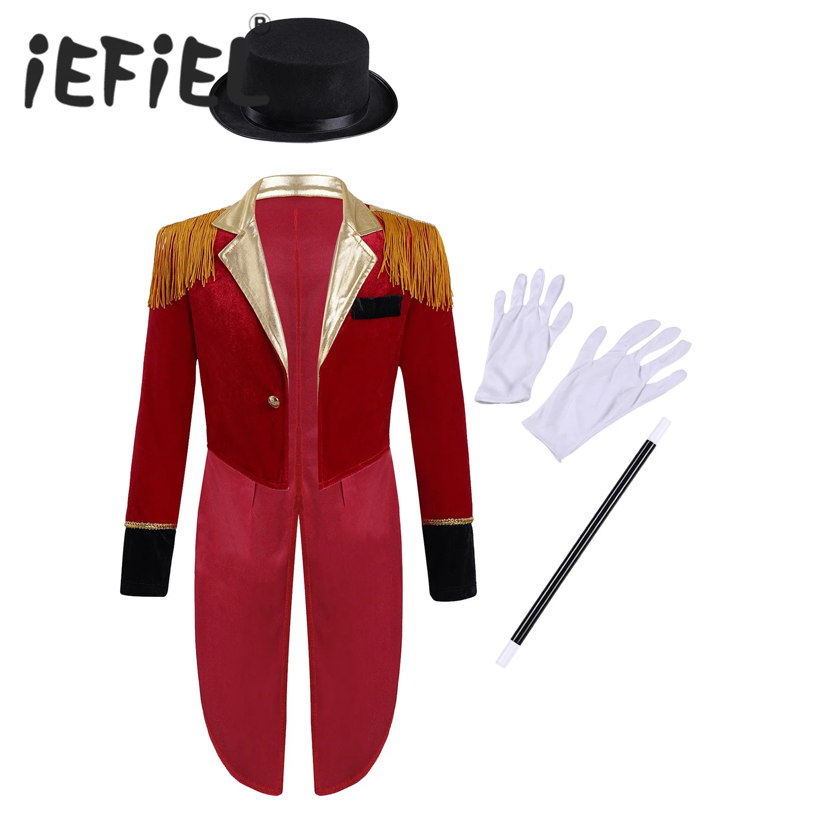 

Kids Boys Circus Ringmaster Costume Halloween Cosplay Set Long Sleeve Lapel Tassel Jacket Tailcoat with Hat Magic Wand Gloves