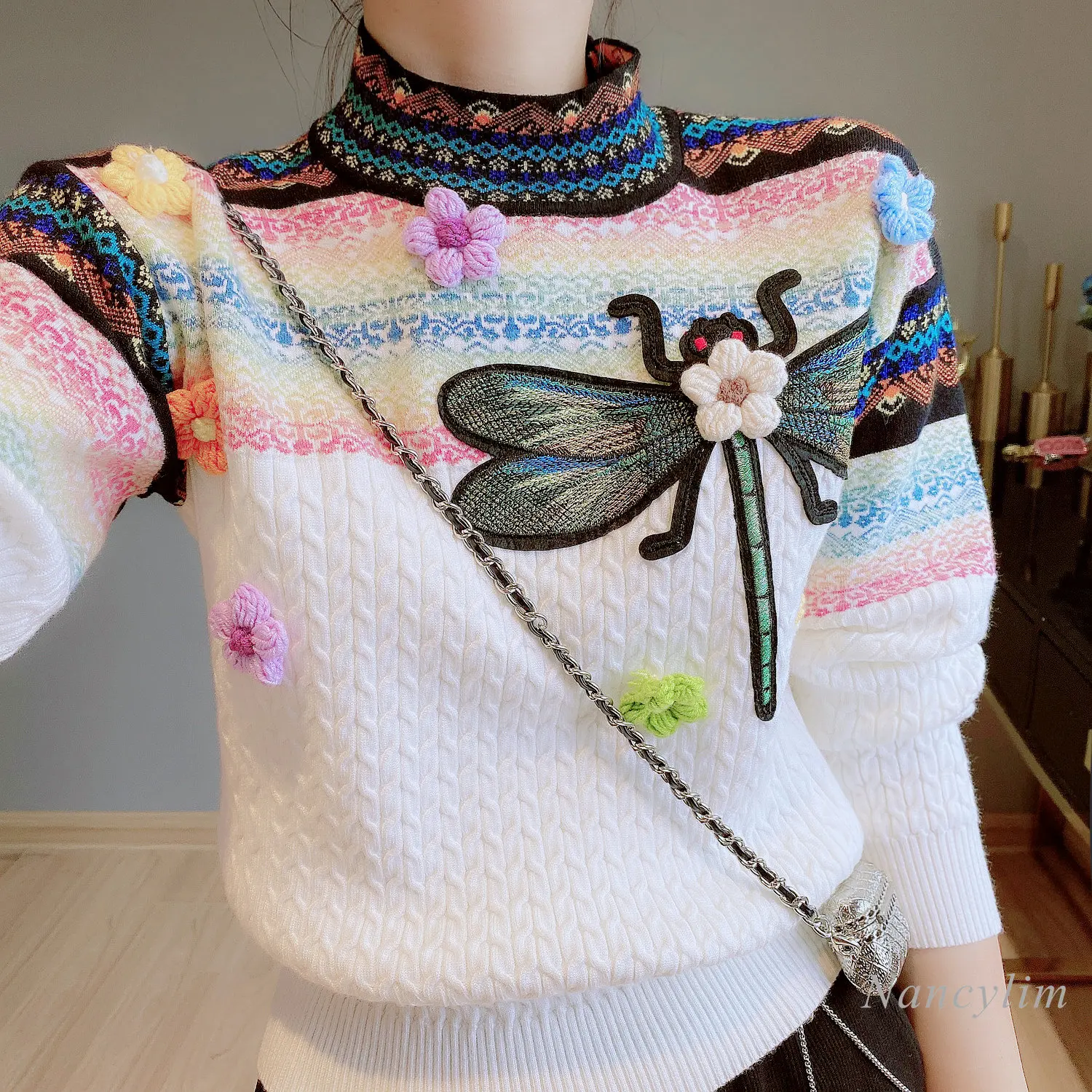 

Women Spring Fall Contrast Color Twist Crocheted Sweater 3D Flowers Dragoy Embroidered Pullovers Hooked Knitwear Crop Tops