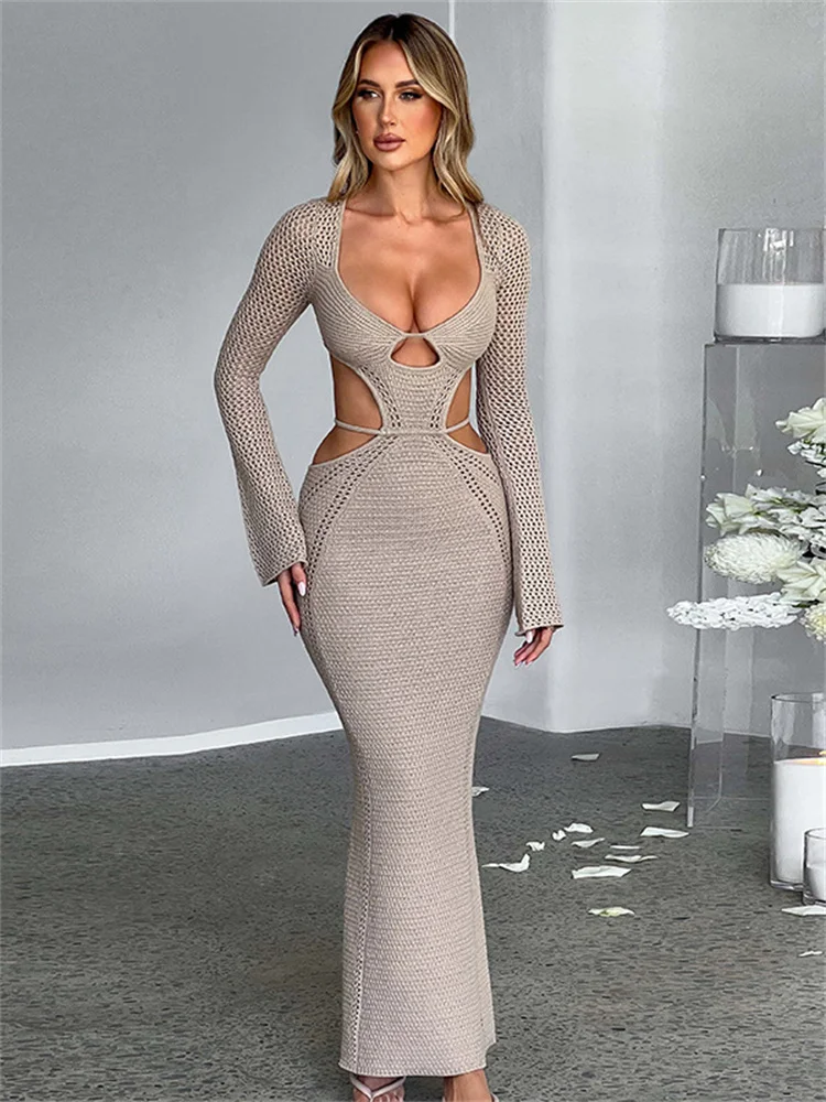 

WJFZQM Solid Hollow Out Lace Up Sexy Slim Maxi Dress Fall Women Elegant Party Club Halter Long Sleeve Backless Knitted Dresses