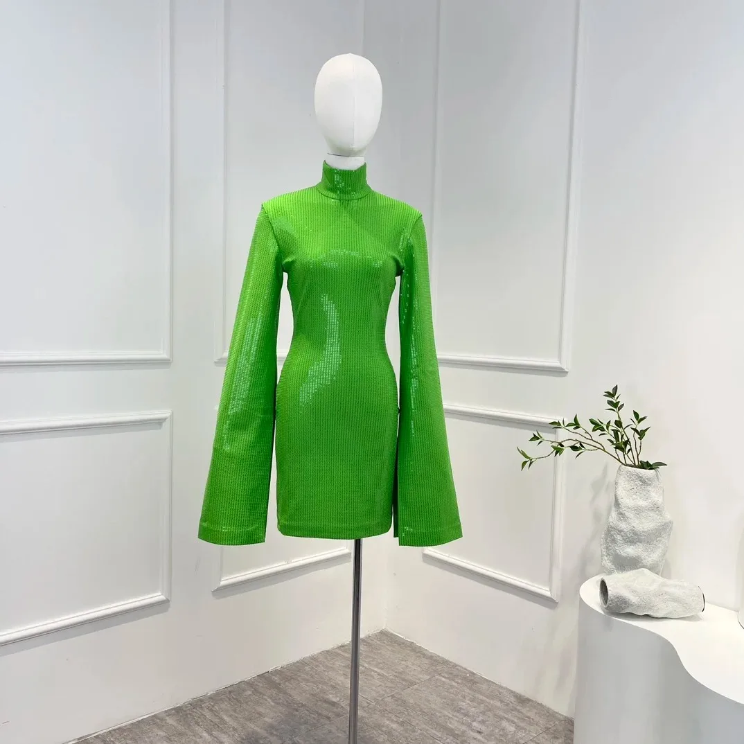 

2024 New Spring Summer High Quality Luxury Style Green Full Flare Sleeve Turtleneck Solid Sequins Woman Mini Dress