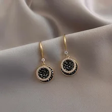 Vintage Fashion Black Crystal Round Pendant Earrings For Women Korean Jewelry Wedding Party Girls Luxury Zircon Drop Earrings