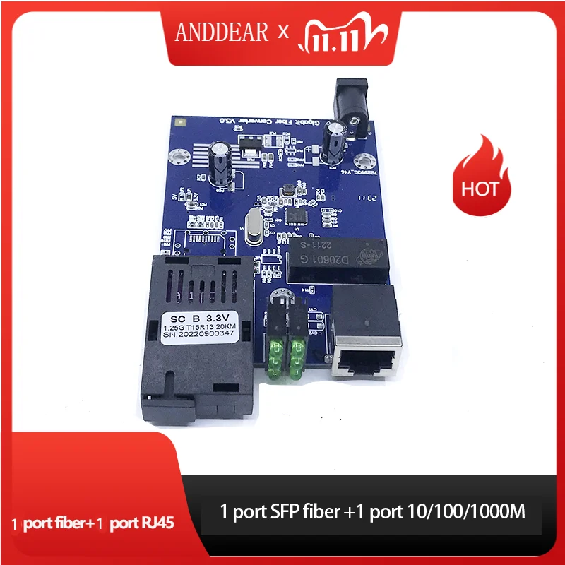 Fiber Optical media converter 1 port sfp to 1 rj45 gigabit optical fiber ethernet Qualcomm chip PCB 10/100/1000M
Fiber Optical media converter 1 port sfp to 1 rj45 gigabit optical fiber ethernet Qualcomm chip PCB 10/100/1000M