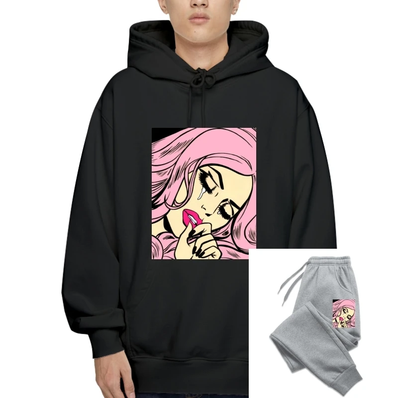 

Pink Sad Girl Unisex T-Sweatshirt Hoodies Crying Comic Pop Art Woman Pastel Goth Vintage Men Plus Fleece Cotton Outerwear Hoody