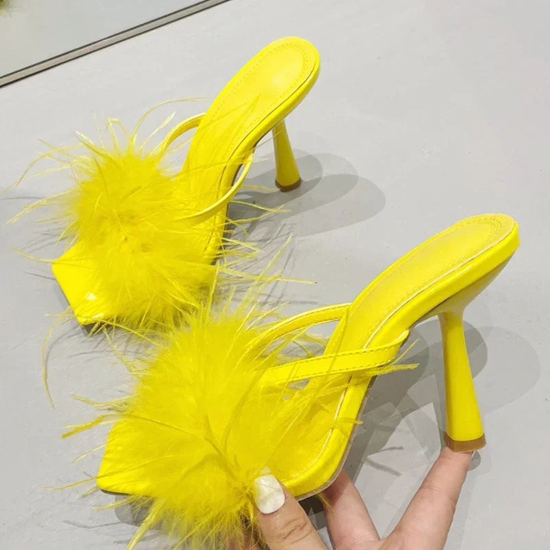 

Fashion Yellow Fluffy Furry Women Slippers 2024 Summer Mules High Heels Slides Women Gladiator Sandals Colored Slipper Mule Shoe