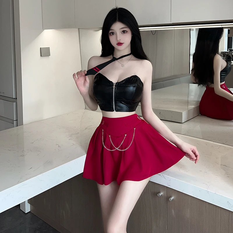 Sexy Lingerie Cosplay Costume Black Top with Red Skirt Suit Set JK School Girl Uniform Stundent Suit Night Club Wear for Women
Sexy Lingerie Cosplay Costume Black Top with Red Skirt Suit Set JK School Girl Uniform Stundent Suit Night Club Wear for Women