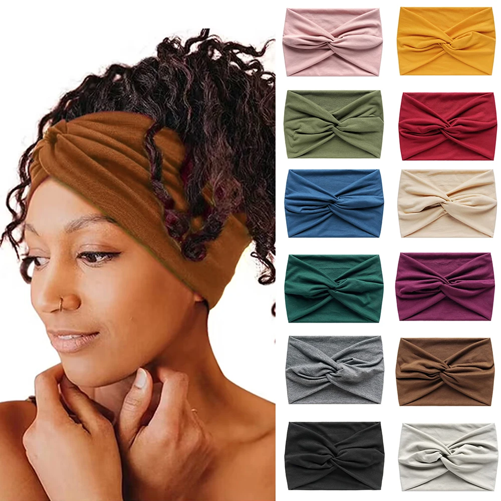 

Women Girls Solid Color Headbands Knitted Cotton Hair Bands Vintage Cross Turban Bandage Bandanas HairBands Hair Accessories