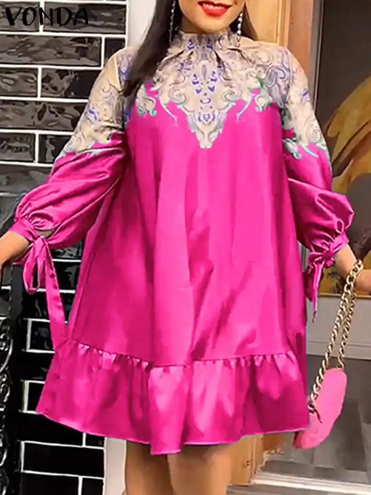 

VONDA Women Retro Maxi Dress 2024 Elegant Sundress Autumn Loose Robe Sexy Stand Up Collar Puff Sleeve Party Print Dress Vestidos