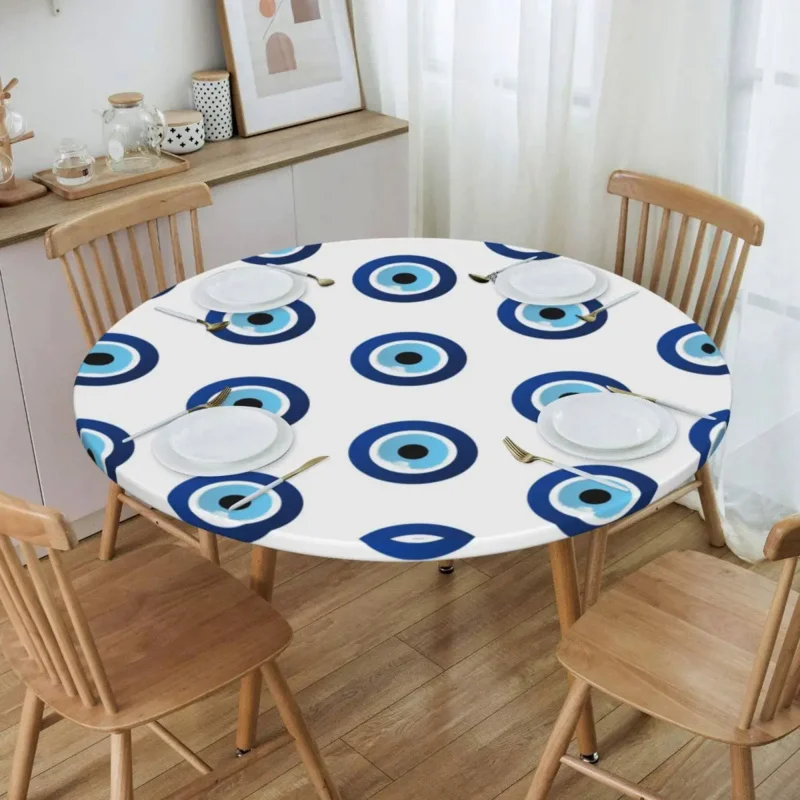 

Greek Evil Eye Hamsa Tablecloth Round Elastic Oilproof Nazar Amulet Boho Charm Table Cover Cloth for Kitchen