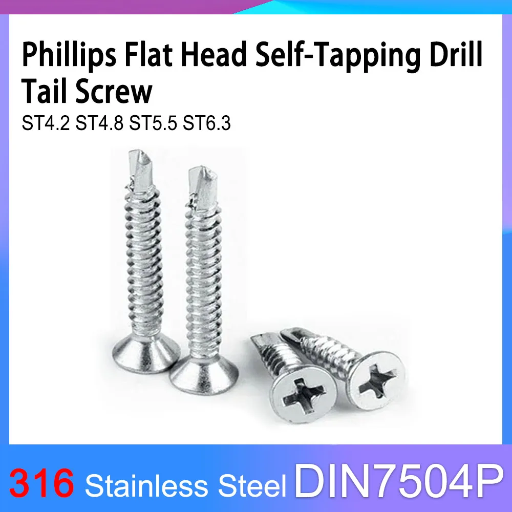 

DIN7504P A4 ST4.2 ST4.8 ST5.5 ST6.3 316 Stainless Steel Cross Phillips Flat Countersunk Head Self-tapping Drill Tail Screw Bolt