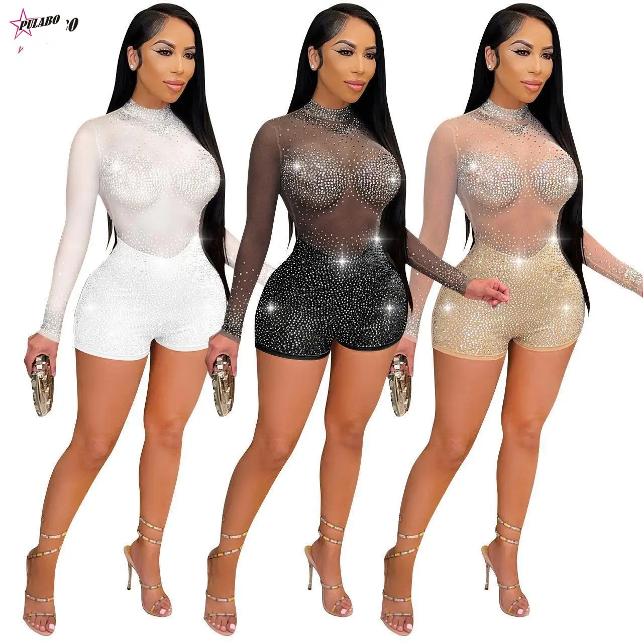 

PULABO Diamonds Rompers And Jumpsuits Summer Sexy Short Jumpsuits For Women Casual Mesh See Through Long Sleeve Romper Playsuit