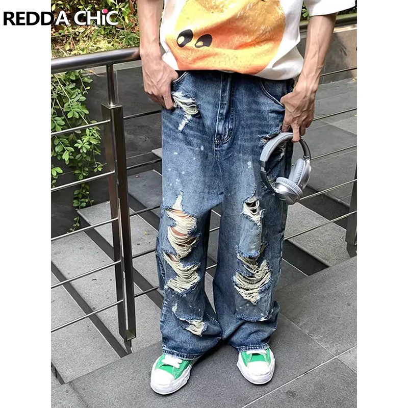 

ReddaChic Y2k Destroyed Baggy Jeans for Men Vintage Blue Brushed Casual Loose Fit Wide Leg Pants Male Trousers Korean Streetwear