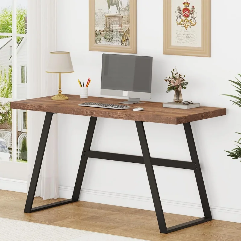 

BON AUGURE Computer Desk, Modern Simple Wood Home Office , and Metal PC Writing Workstation, Walnut Sturdy