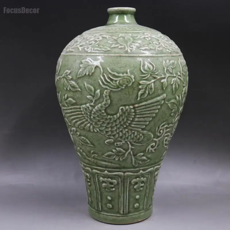 

Green Engraved Vase Phoenix Peony Plum Bottle Imitation Ancient Vases Porcelain Vintage Green Ceramic Vase Chinese Design
