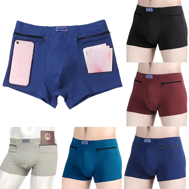 

New Men Booty Shorts Two Zippers Pockets Anti-Theft Briefs Men's Pockets Underwear Cotton Underpants Mens Boxers Briefs