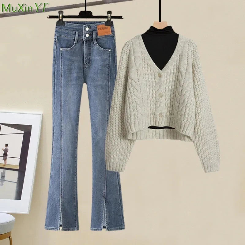 Women Autumn Winter Undershirt Sweater Coats Denim Pants 1 or 3 Piece Set Lady Basic Joker Black Tops Knit Jacket Jeans Suits
Women Autumn Winter Undershirt Sweater Coats Denim Pants 1 or 3 Piece Set Lady Basic Joker Black Tops Knit Jacket Jeans Suits