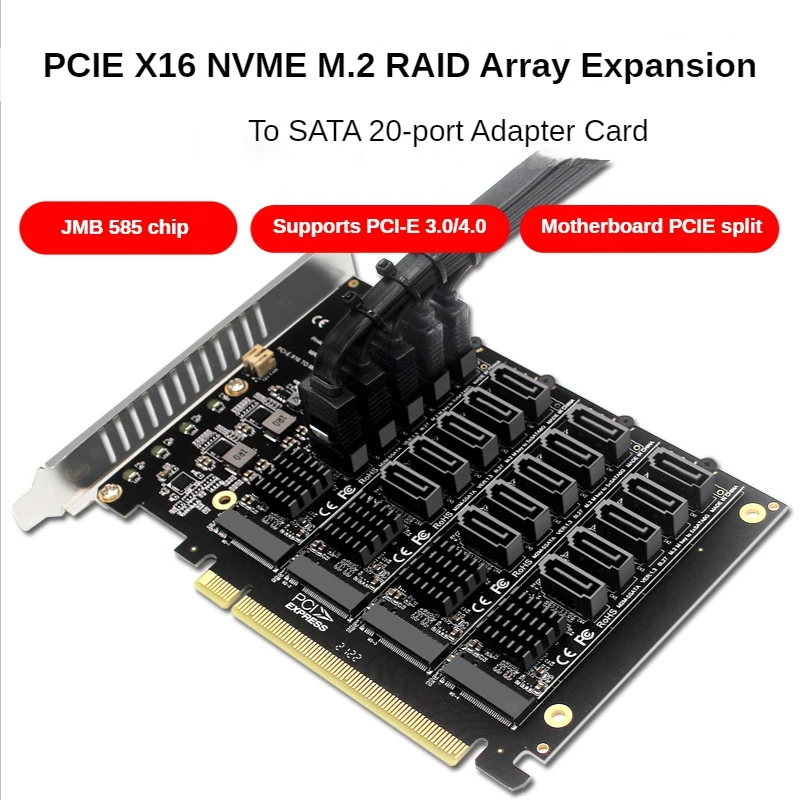 

PCI-E X16 Signal Split Array Card M.2 NVME 4 Disk Raid Card Expansion PCIe 16x To SATA 20-Port Extended Adapter Card JMB585 Chip