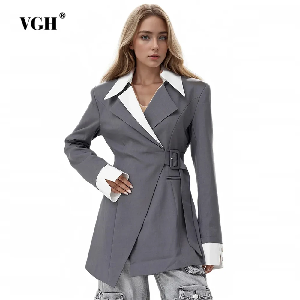 

VGH Hit Color Patchwork Belt Blazers For Women Notched Collar Long Sleeve Spliced Pockets Temperament Tunic Blazer Female New