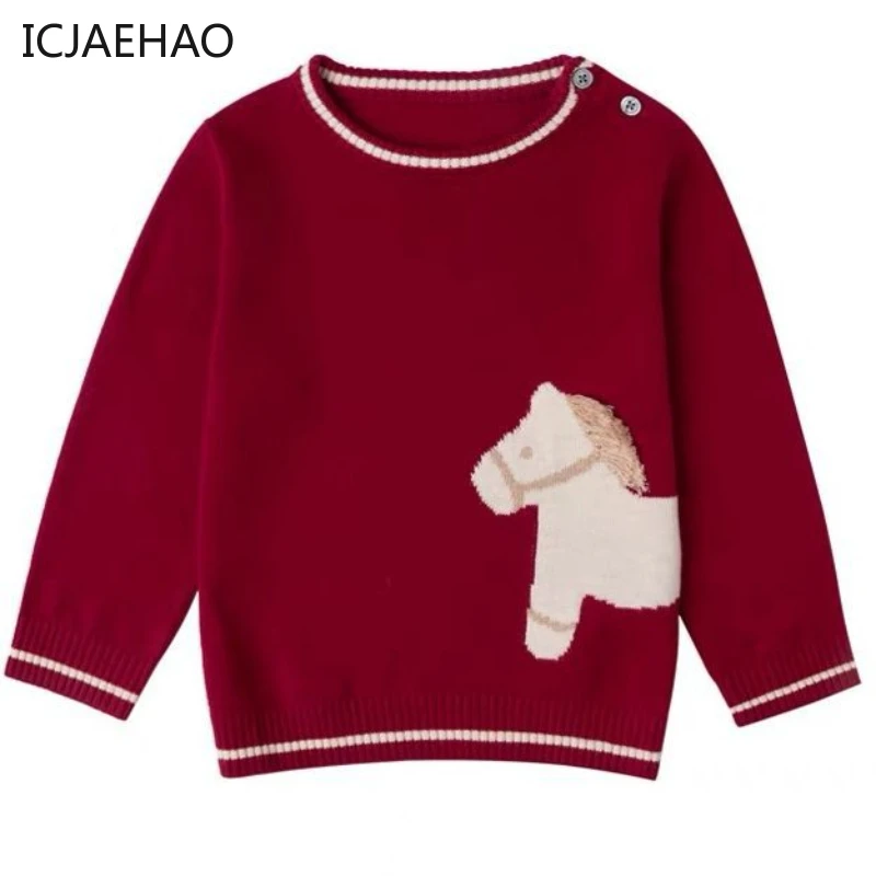 

ICJAEHAO 2024 South Korea Style Outfit New Boys and Girls Pony Embroidered Knitted Sweater Matching Winter Warm Clothing