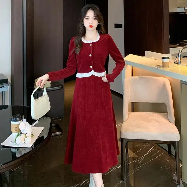 Women 2023 Autumn Winter Skirt Suits Long Sleeve Single Breasted Coats Female A Line Skirts Ladies Corduroy 2 Piece Sets R614
Women 2023 Autumn Winter Skirt Suits Long Sleeve Single Breasted Coats Female A Line Skirts Ladies Corduroy 2 Piece Sets R614