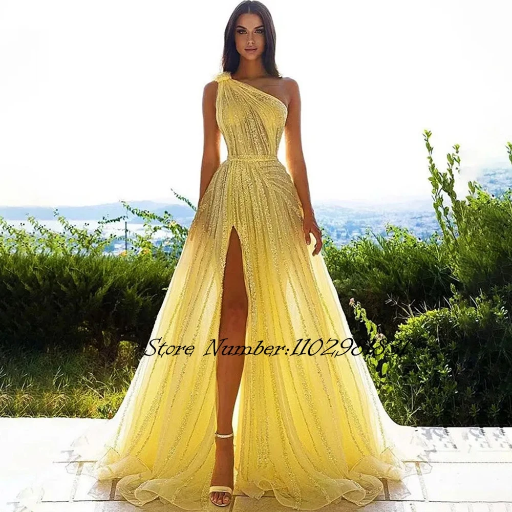 

Блестящее желтое бальное платье для официальной вечеринки с боковым высоким разрезом на одно плечо без рукавов роскошное вечернее платье со шлейфом Новинка Vestidos De