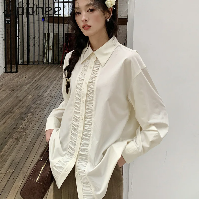 

New Chinese Style Elegant Pleated Shirt for Women Retro Gentle Apricot Long Sleeve Blouse Woman 2024 Spring New Blusa Feminina