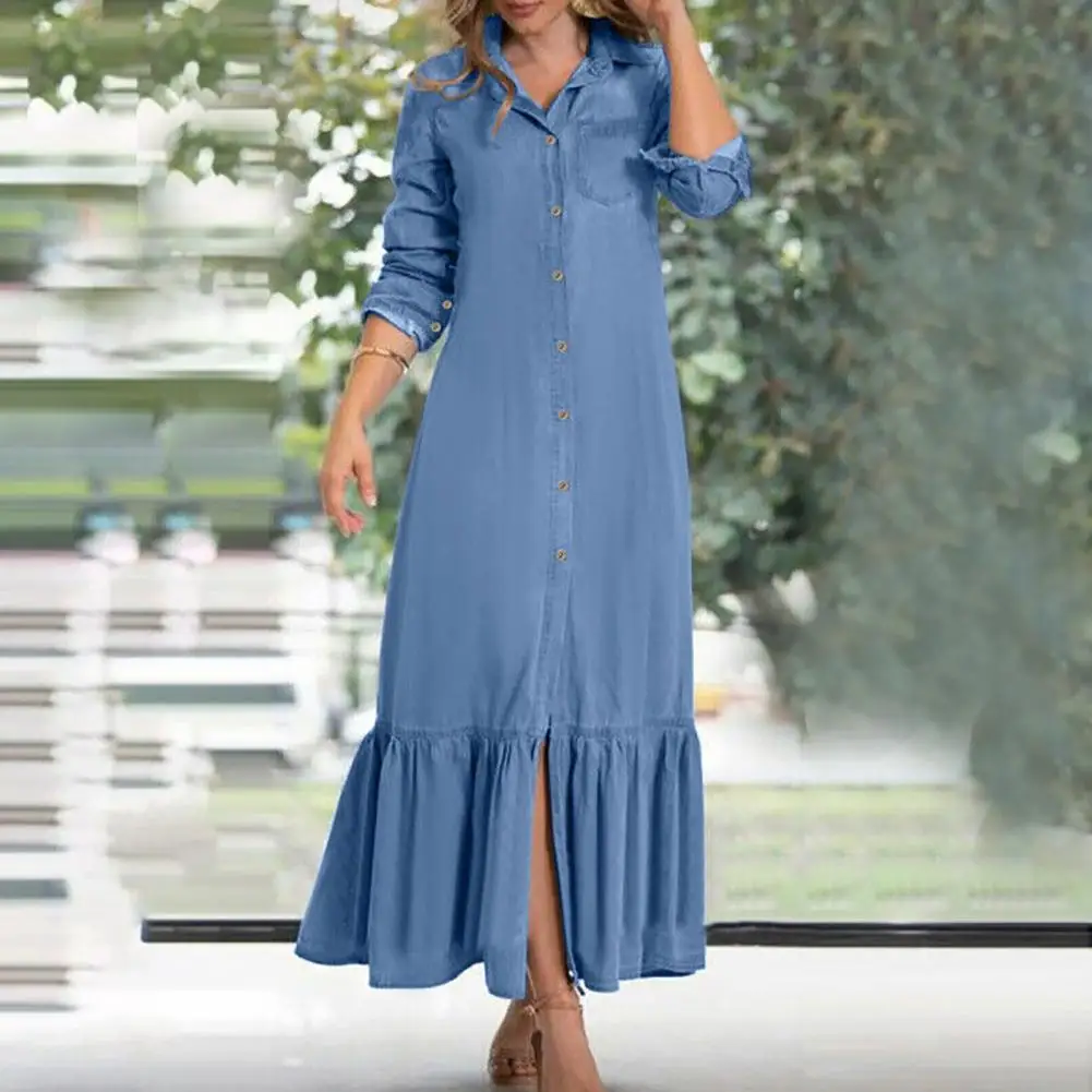 

Женское платье-макси свободного покроя, однобортный Кардиган с длинным рукавом, джинсовое однотонное платье с оборками и цветочным подолом, весна-лето