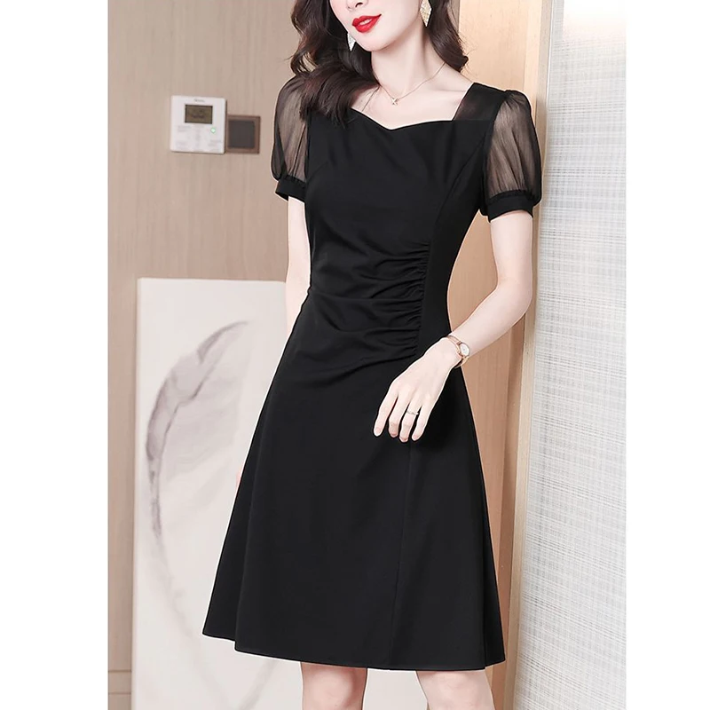 

Elegant Spliced Folds Gauze Puff Sleeve Party Dress Women's Clothing 2024 Summer New Loose Office Lady Solid Color Mini Dress