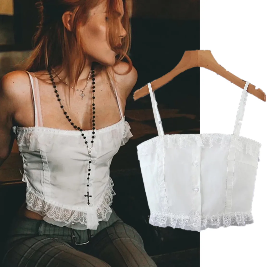 

Dave&Di Ins Fashion Blogger Retro Lace Splicing Sexy Camisole Tank Tops Pure White Summer T shirts Women