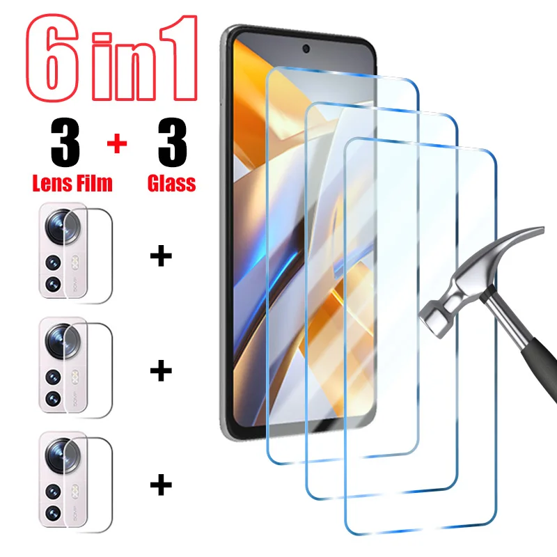 

6IN1 Tempered Glass For Poco X5 X4 X3 M4 M3 Pro 5G Camera Screen Protector for Xiaomi Mi 9 Lite POCO F4 GT F3 X3 NFC Lens Film