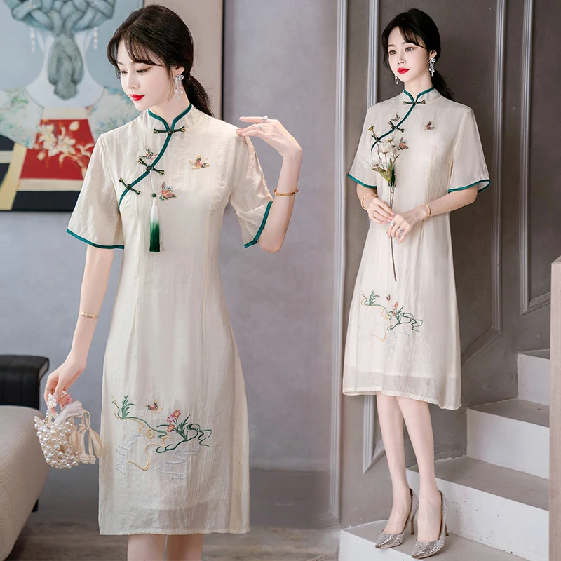 

Summer Short Sleeve Retro Ethnic Style Chinese Qipao Dress Fashion Embroidery Improved Cheongsam