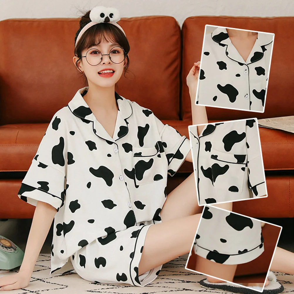 

Womens Cotton Nightgown Womens Pajama Set Two Piece Cow Print Short Sleeve Sleepwear Loungewear Button Down Tops Shorts Summer