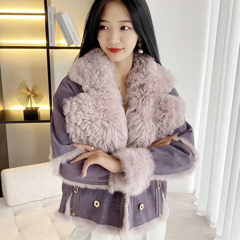

2023 Autumn And Winter New Lamb Hair Collar Rex Rabbit Hair Grass Integrated Short Fashion Double breasted Real Leather Top Coat