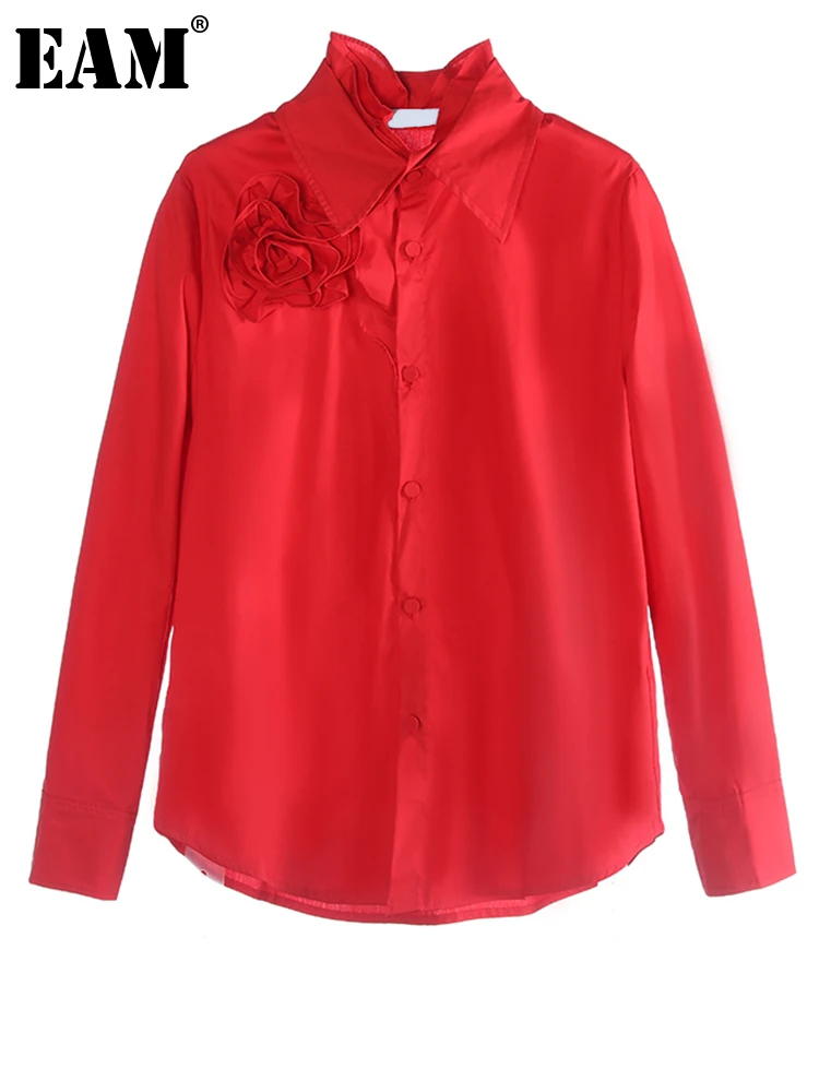 

[EAM] Women Red Three-dimensional Flower Big Size Blouse New Lapel Long Sleeve Loose Shirt Fashion Spring Autumn 2024 1DH3604