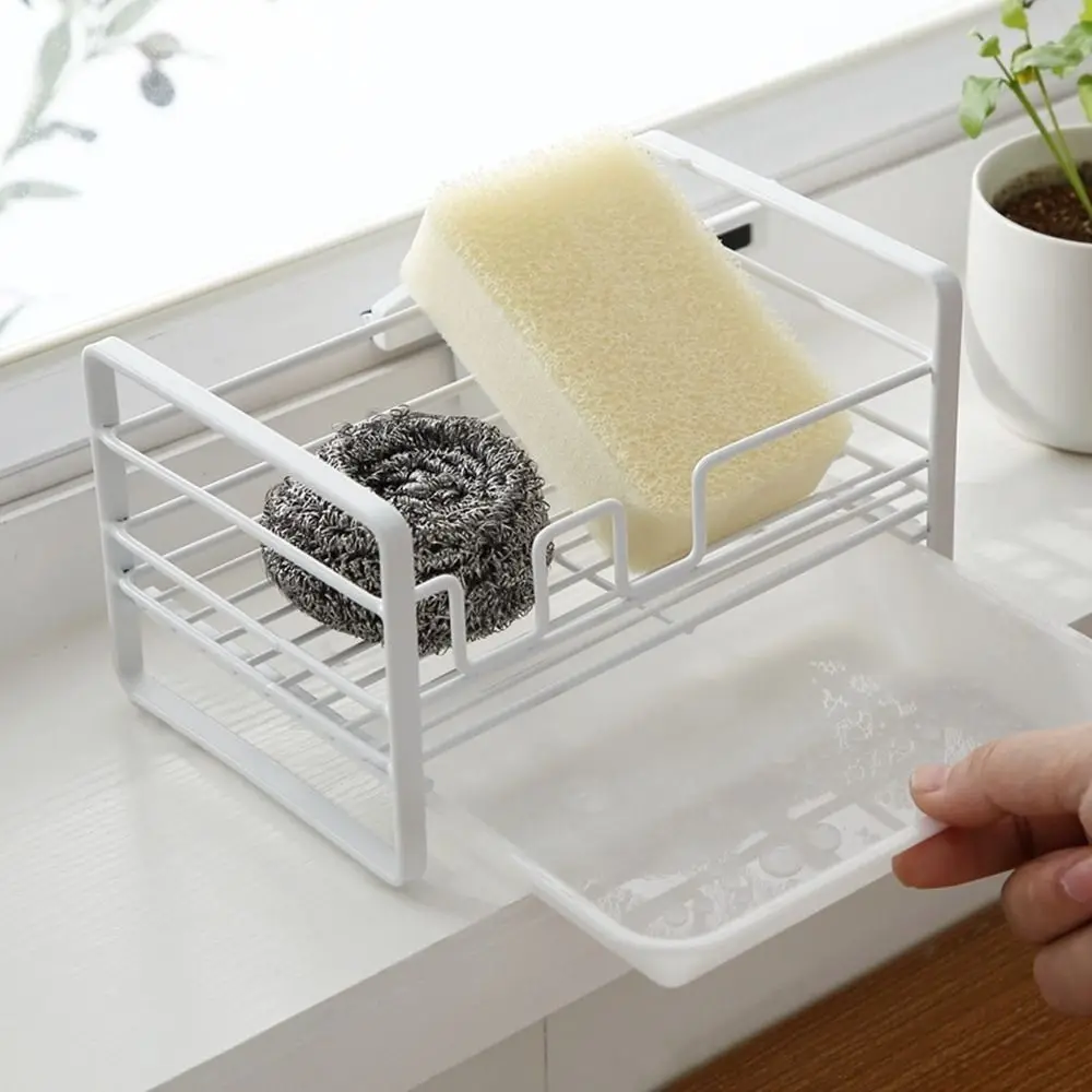 

White/Black Iron Sponge Drainer with Drain Pan Draining Sponge Storage Organizer Space Saving Sink Drain Rack Kitchen