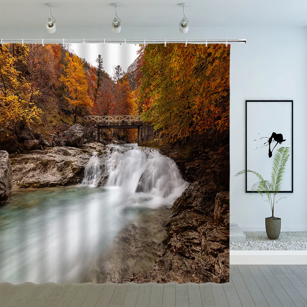 

Forest Waterfall Natural Scape Shower Curtain JungleGreen Tree Flowing Stream Scenery Waterproof Bathroom Decor Bath Screen