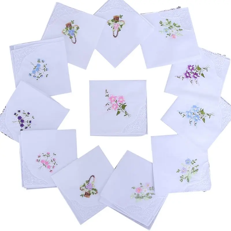 

5Pcs Womens Cotton Handkerchiefs Floral Embroidered for Butterfly Lace Pocket Ha