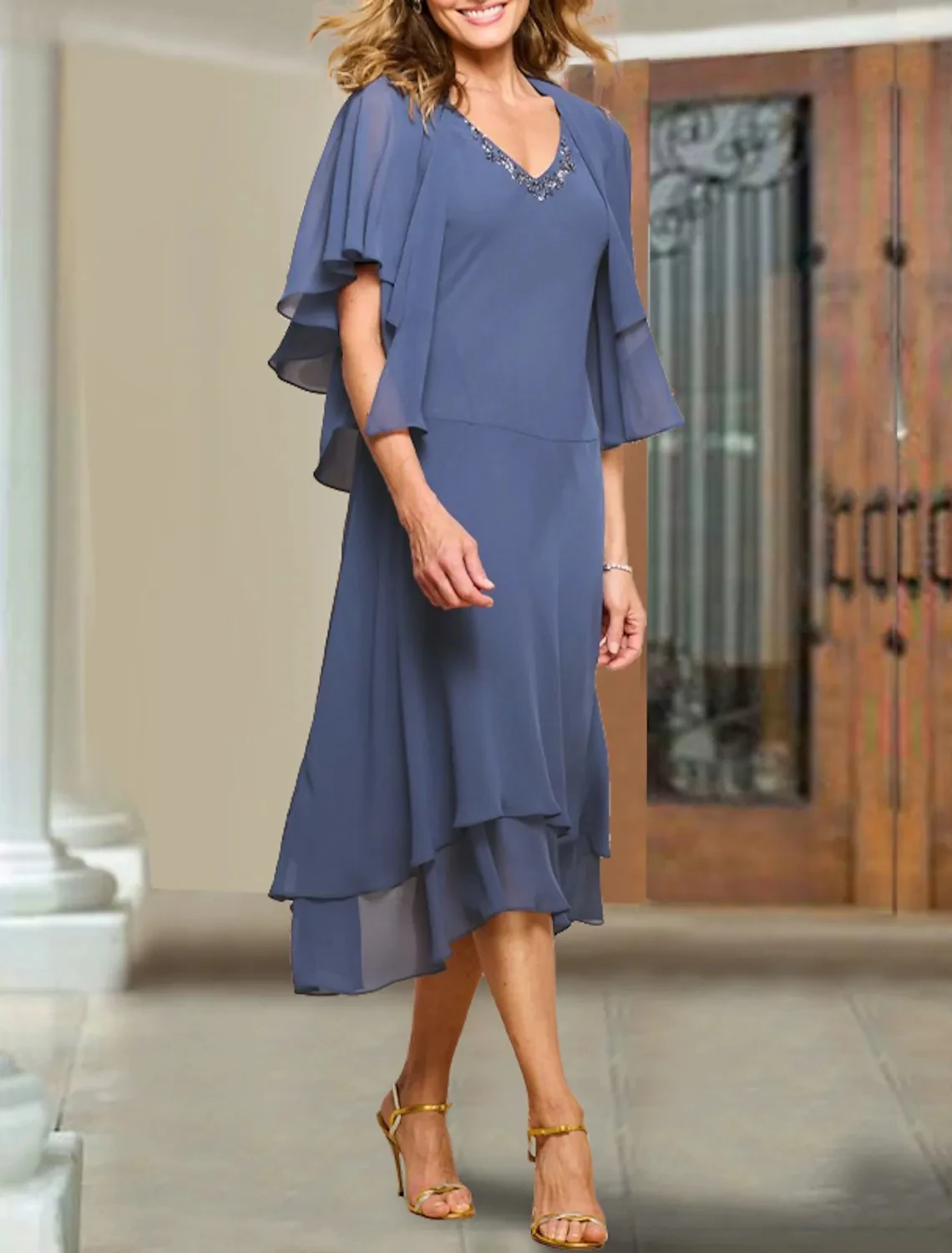 Two Piece A-Line Mother of the Bride Dress Elegant Wrap Included V Neck Tea Length Chiffon Beading Wedding Party Gown Plus Size
Two Piece A-Line Mother of the Bride Dress Elegant Wrap Included V Neck Tea Length Chiffon Beading Wedding Party Gown Plus Size