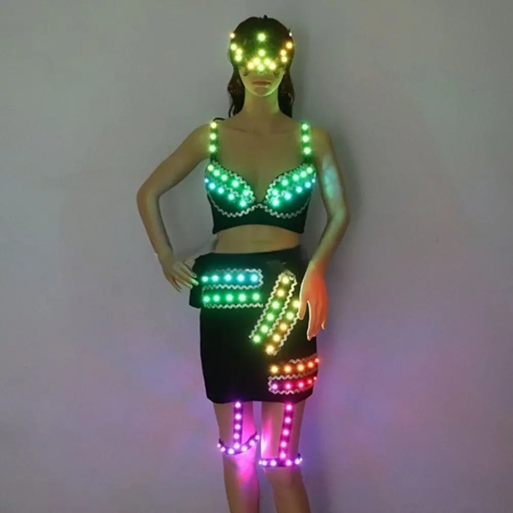 

Full Color LED Costume Sexy Woman Luminous Dress Pole Dance Glowing Clothes Masked Stripper Outfits DJ DS Light Up Bra Suits
