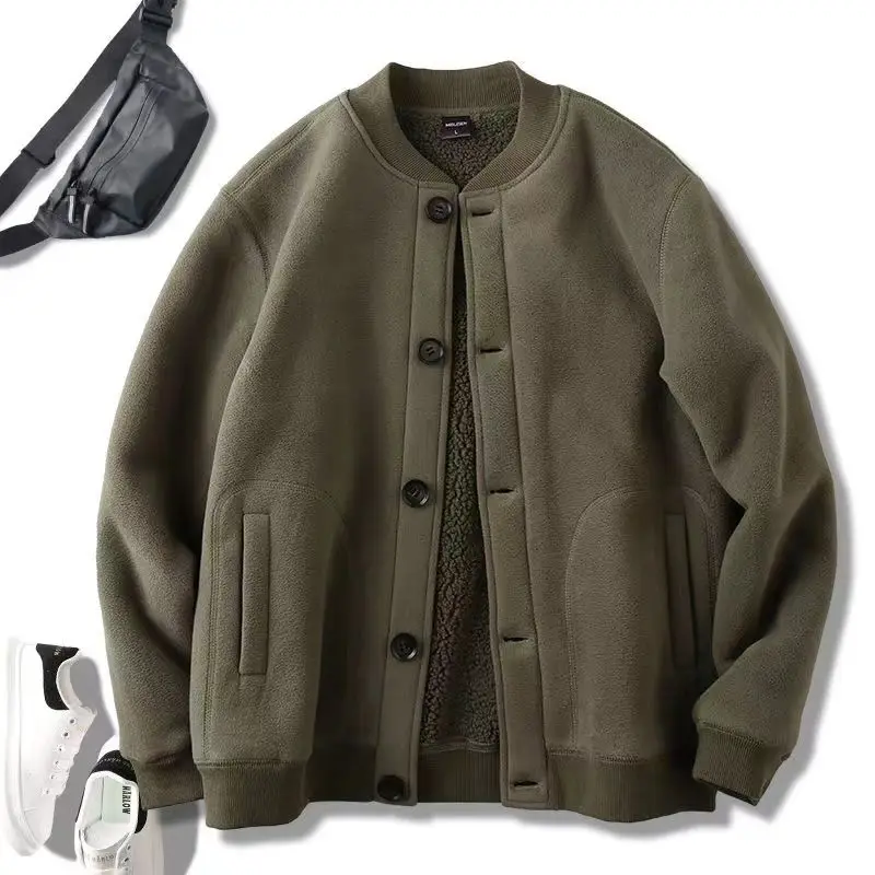 

American Vintage Men's Clothing Rocker Fleece Thickened Bomber Jacket Military Coat Wool Warm Jackets Baseball Jersey Pockets