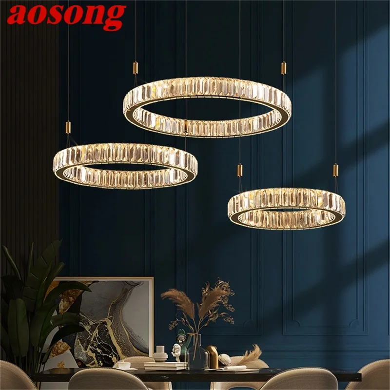 

AOSONG Modern Pendant Lamp Round Crystal Chandelier Gold LED Fixtures Decorative For Home Dinning Room Light