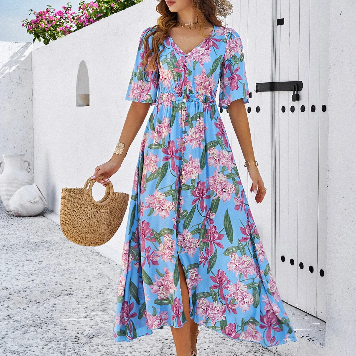 

YEAE Printed V-neck Split Dress Short Sleeve Long Botanical Floral A-line Dress Casual Vacation Commuter Clubwear Plus Size New