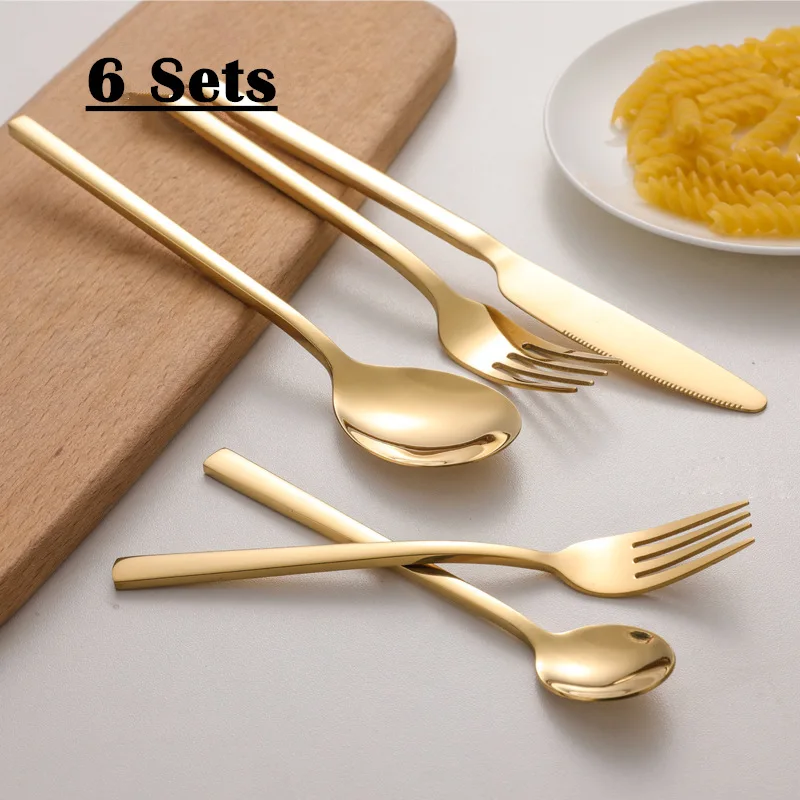 

Набор золотых столовых приборов 18/10 из нержавеющей стали, набор золотистой посуды, сервис для 6 ножей и вилок, корейский портативный дорожный набор посуды