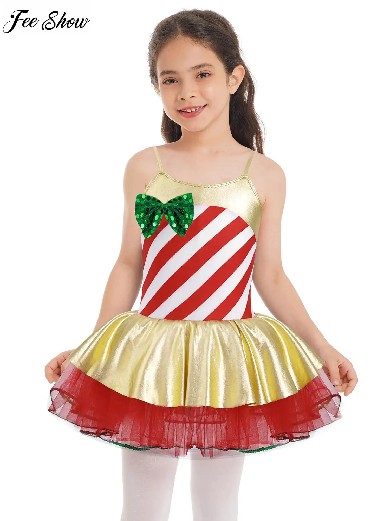 

Kids Girls Stripes Print Christmas Leotard Dress Adjustable Straps Cami Dress Sequins Bowknot Mesh Tutu Dress Dance Jumpsuit