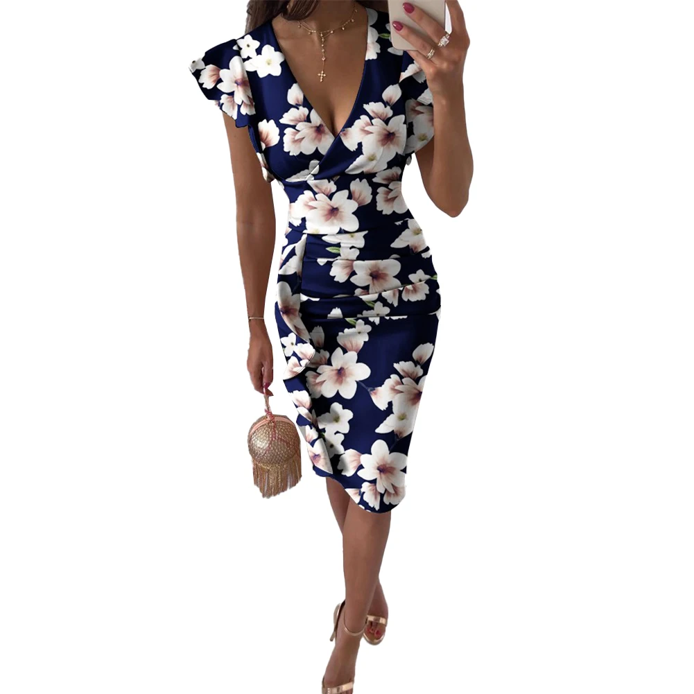 

Comfy Fashion Evening Party Dress Bodycon Summer V Neck Breathable Cocktail Daily Durable Floral OL Ruffles Sleeve