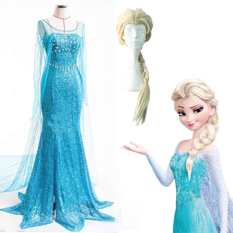 

Anime Frozen Elsa Cosplay Costume Dress for Women Blue Bling Snow Dresses Wig Suit Halloween Party Costumes Clothes