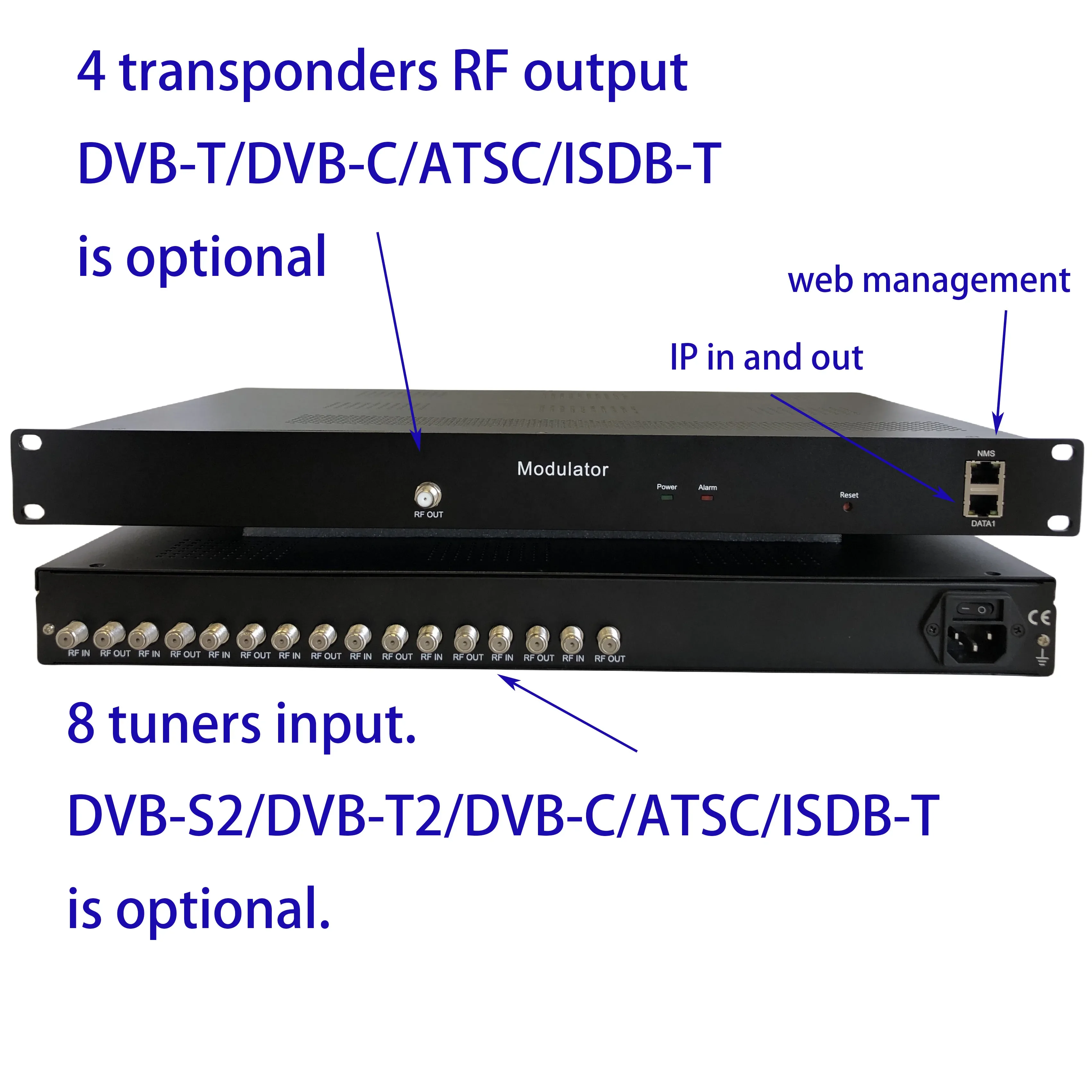 

8 way dvb-s2 to DVB-T/DVB-C/ATAC/ISDB-T digital catv modulator, ATSC to ATSC modulator, ISDB-T to ISDB-T RF modulator