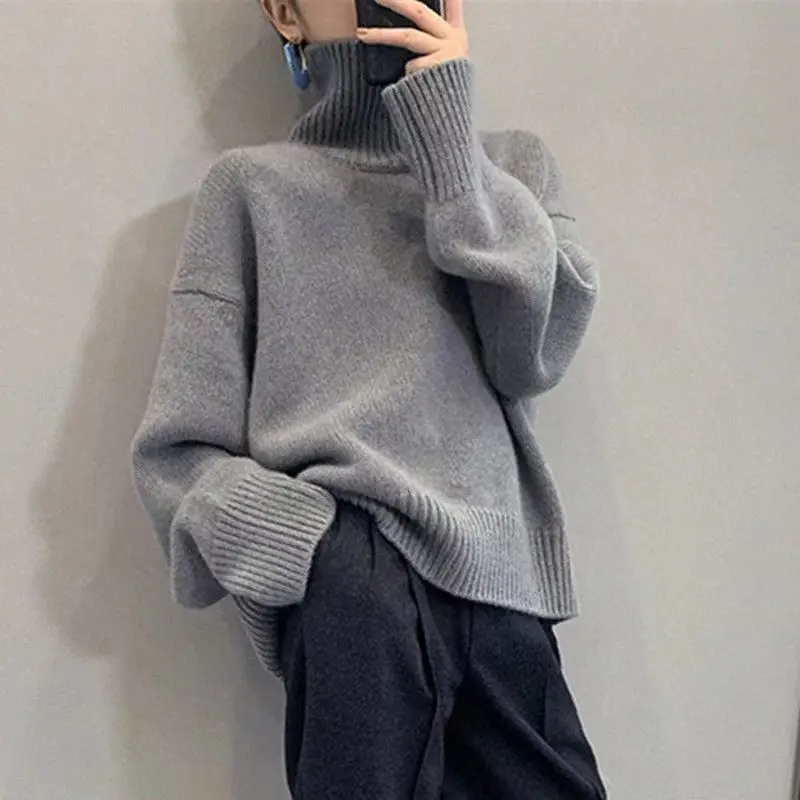 

New Autumn Winter Women's Sweater Pullover 2023 Basic Green Turtleneck Oversize Jumper Vintage Knitted Sweaters for Women D140