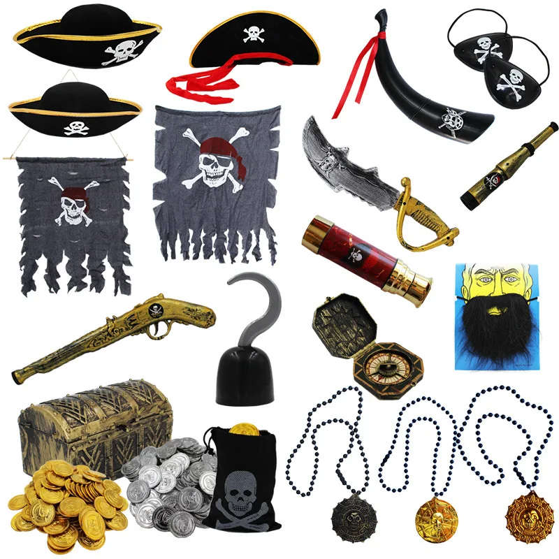 

Pirate Captain Cosplay Costume Props Set Pirate Hat Hook Hand Flag Compass Telescope Eye Patch Halloween Theme Party Decorations