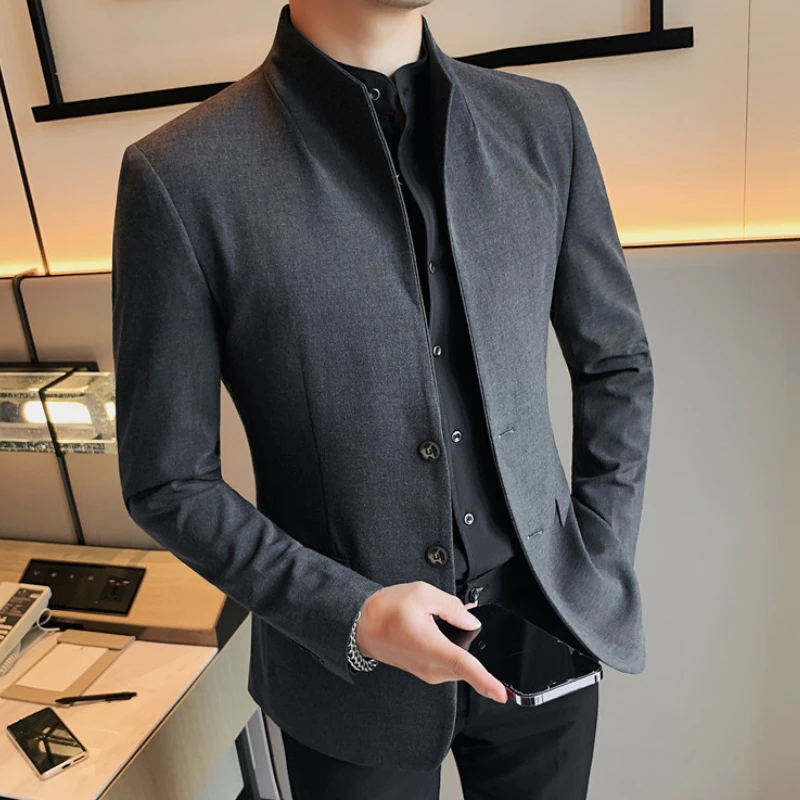 

High Quality Autumn Standing Collar Blazer Jacket for Men Fashion Casual Business Blazers Wedding Groom Social Dress Coat M-4XL